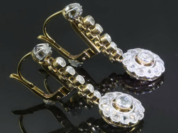 Art Deco diamond dangle earrings lever-back 18kt yellow gold